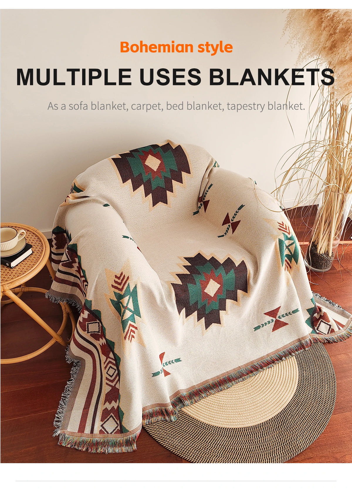 Aztec Boho Throw Blanket with Fringe