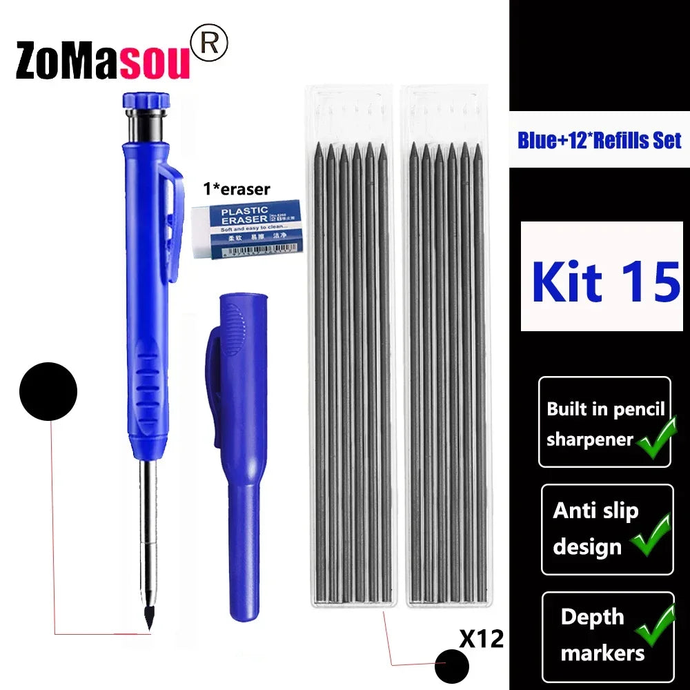 Reuseable Long Head Deep Hole Markers Pen Pencils Solid Carpenter Refill Leads Built-in Sharpener Woodwork Construction Tools