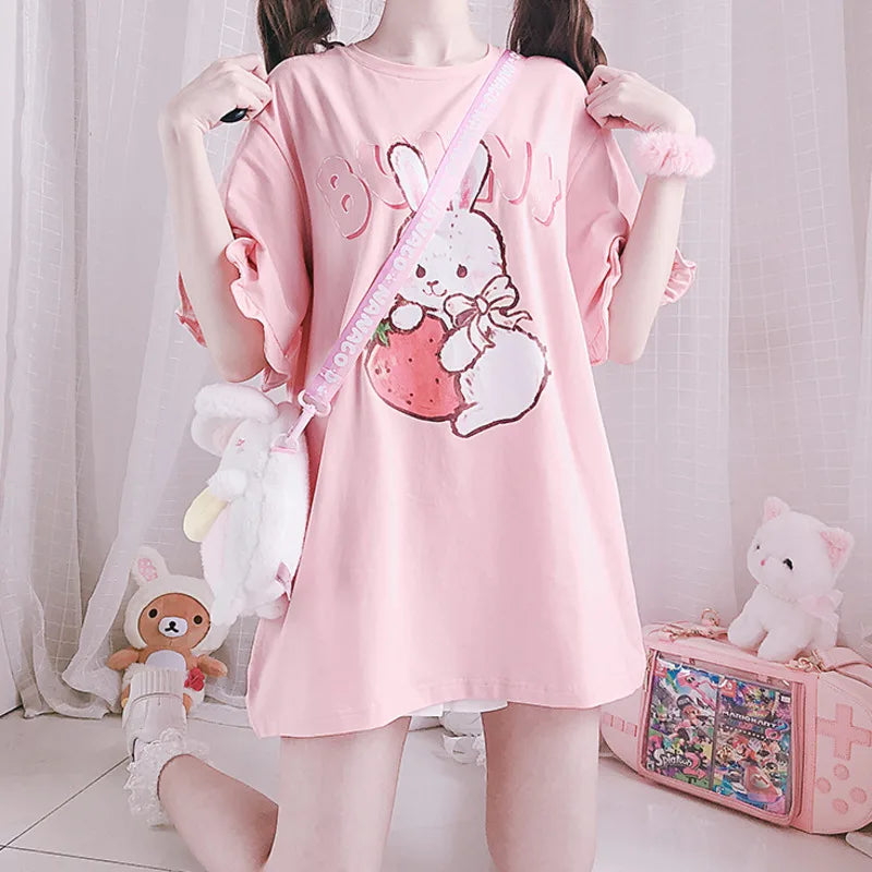 Women's Cute Cartoon-Print Ruffle T-Shirt — Kawaii Short-Sleeve Top
