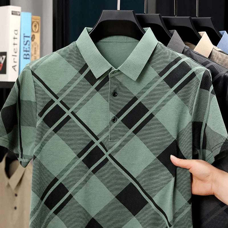 Men's Plaid Polo - Soft Elastic Woven, Retro Oversized Grid