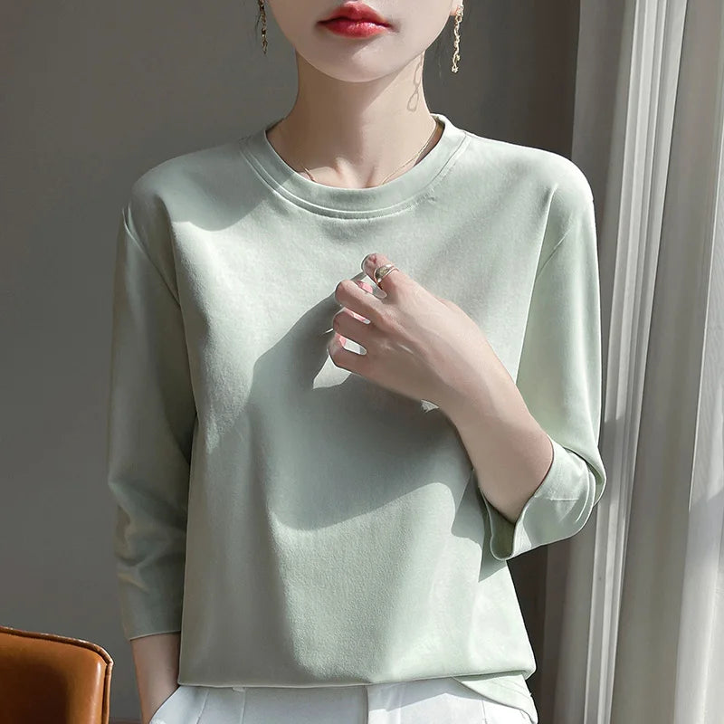 Women's Mercerized Cotton T-Shirt — Loose Round-Neck Half-Sleeve Top