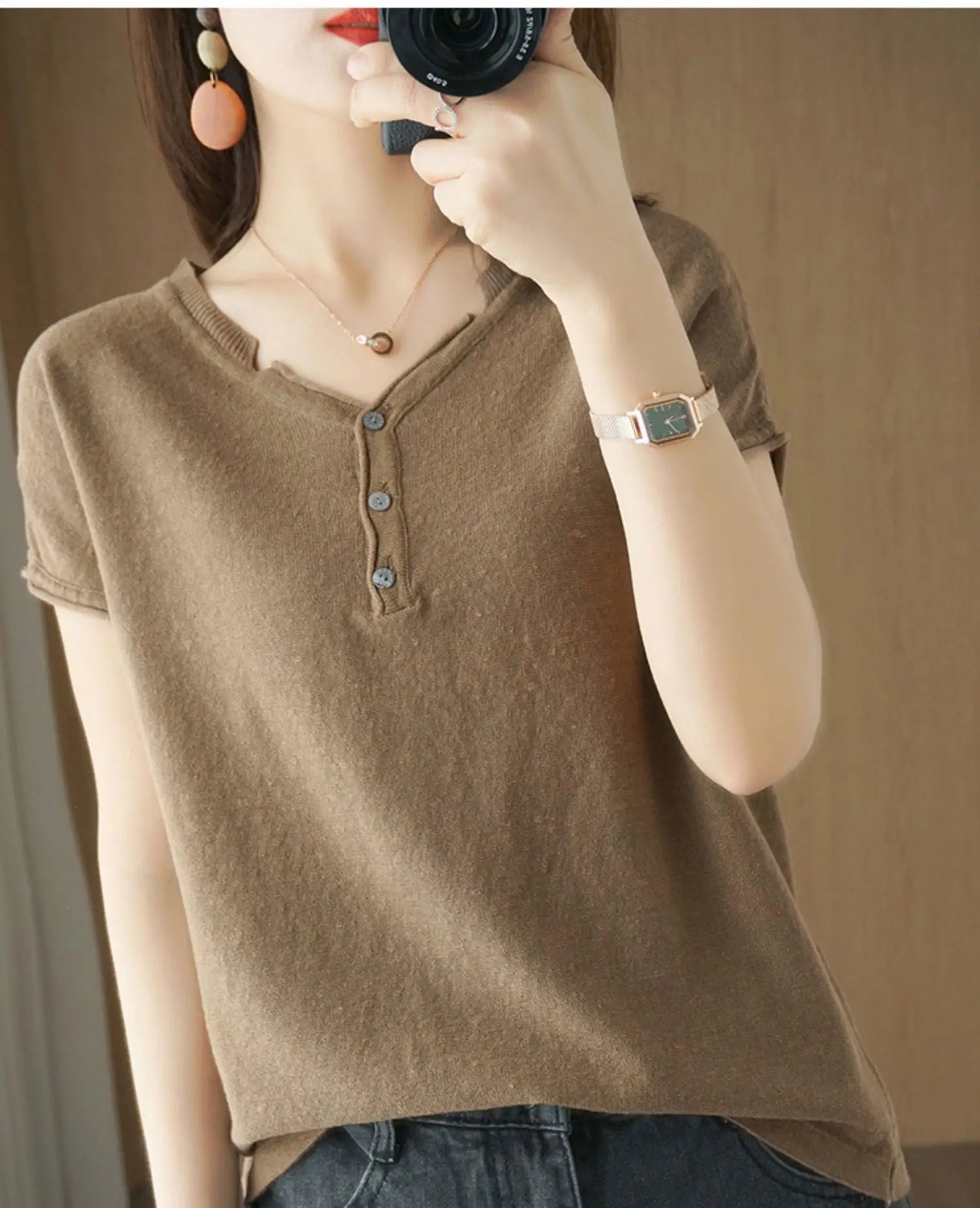 Summer 100% pure cotton women's T-shirt V-neck knitted short sleeved loose Tees solid color pullover button Tops basic versatile