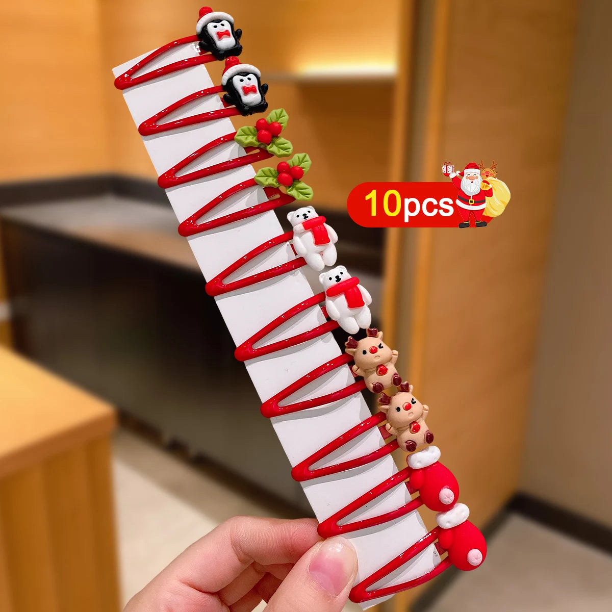 10pcs Girls Christmas Hair Clips Cartoon Santa Snowflake Reindeer Tree Penguin Bear Bell Fashionable BB Bows for Holiday Parties
