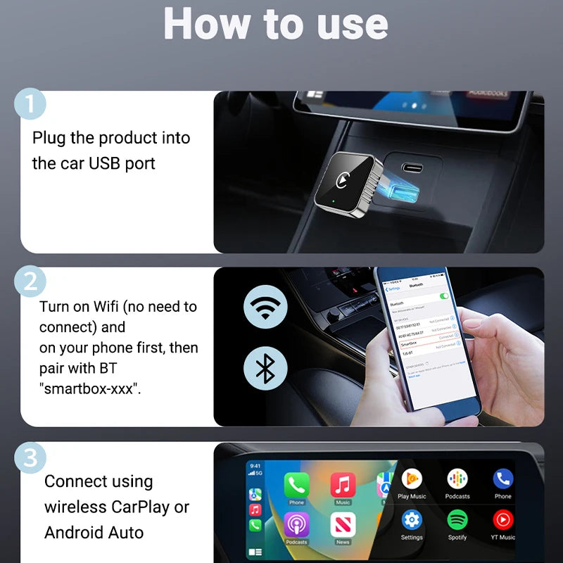 XUDA 2-in-1 Wireless CarPlay & Android Auto Adapter — Mini Smart Box, Dual-Band WiFi, Plug and Play