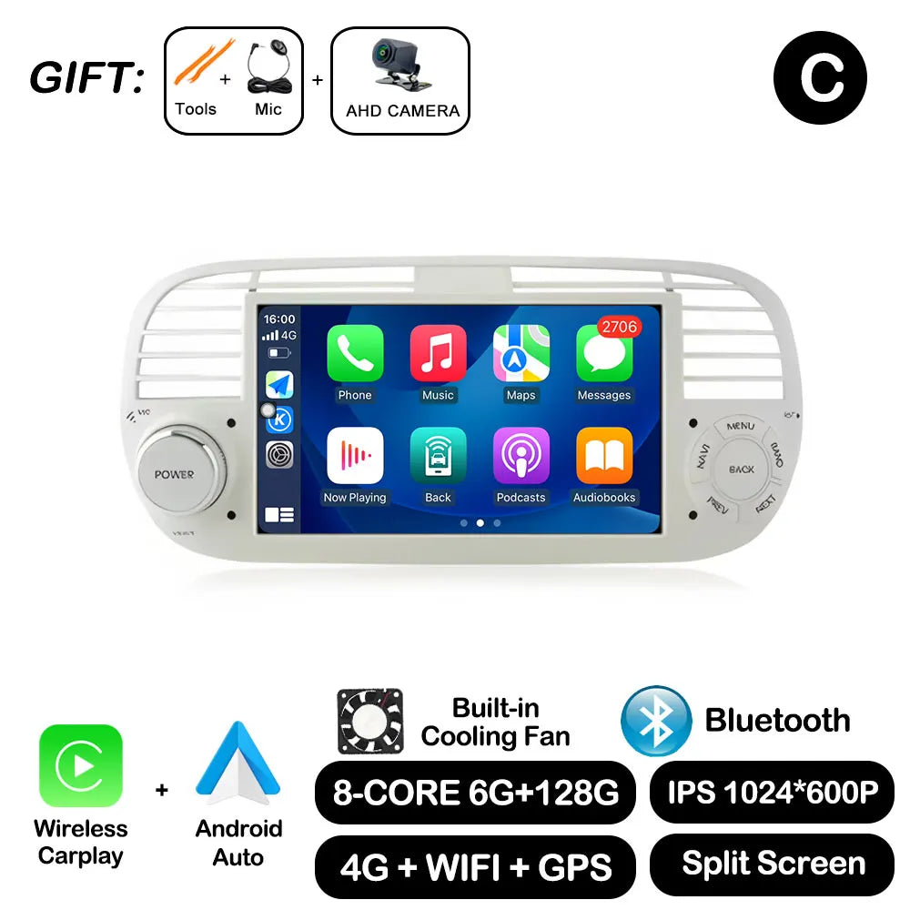 7" Car Stereo with Apple CarPlay & Android Auto, Compatible with Fiat 500 (2007-2015)