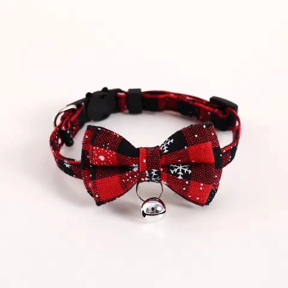 Pet Breakaway Cat Collar with Bow Tie & Bell, Cute Red Plaid Christmas Adjustable Elastic Dog Collar, Small Pet Neck Accessory