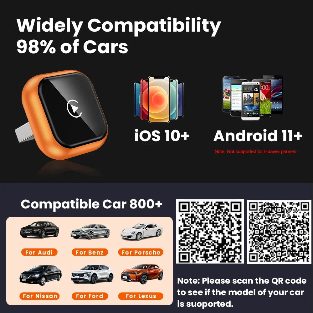 2-in-1 Wireless CarPlay & Android Auto Adapter — Low-Latency Auto-Connect for VW, Ford, Toyota, Honda, Nissan, Kia