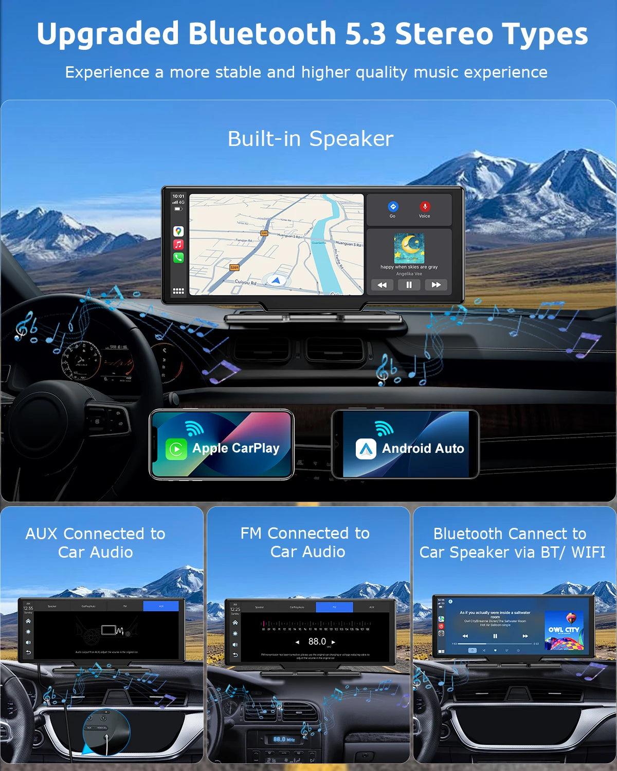 ESSGOO 10.26"4K 64G Portable Touch Screen Wireless Bluetooth Stereo CarPlay Android Auto Card Dual Lens Car Dash Cam FM AUX WIFI