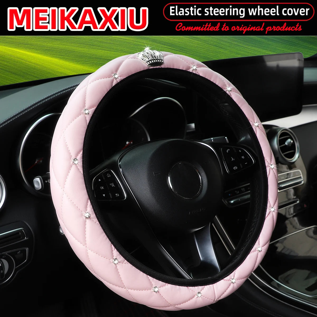 Soft leather diamond-studded crown Blingbling car without inner ring steering wheel cover suitable for 14.5 - 15 inch car access