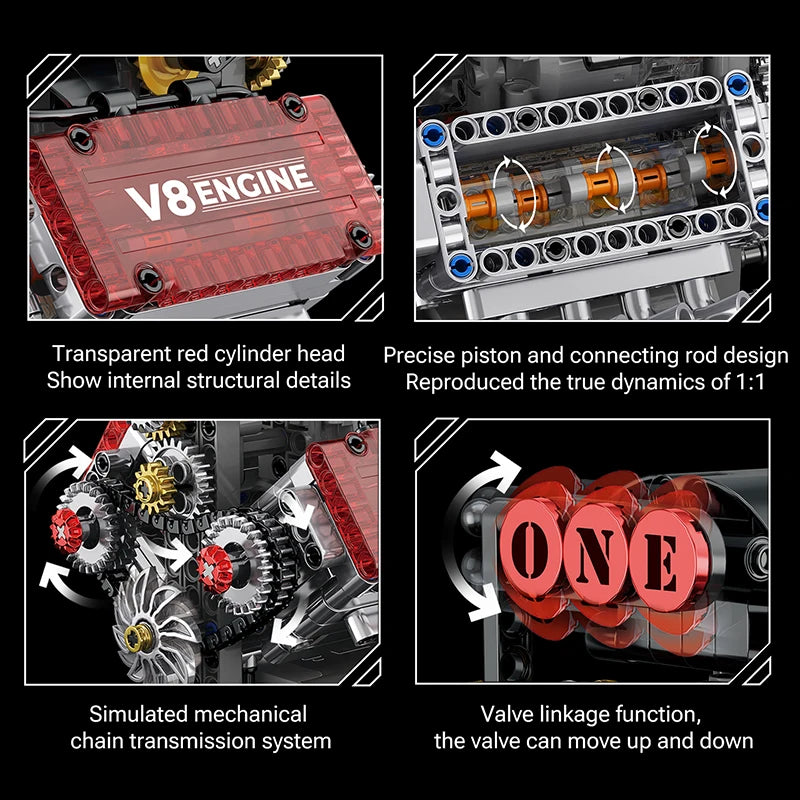 Brick V8 Engine Motorized Simulation Model Electrically Drive Building Blocks Technical Car Parts Creative DIY Toys Gifts Adult