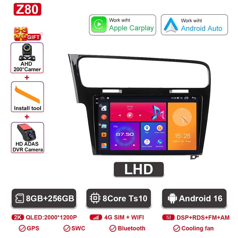 Android Car Stereo for VW Golf 7 MK7 GTI (2012–2021, RHD) — CarPlay, Android Auto, GPS, 2-DIN