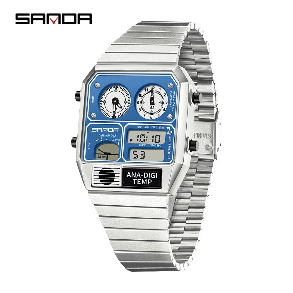 SANDA 3192 Men's Sport Watch – Analog-Digital LED, Waterproof, Stainless Steel