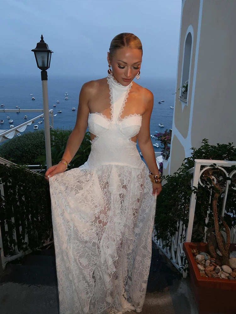 Sexy Lace Patchwork Dress Women Hollow Out Sleeveless Party Club Long Skirt See Through Halter Evening Gown Vacation Lady Robes