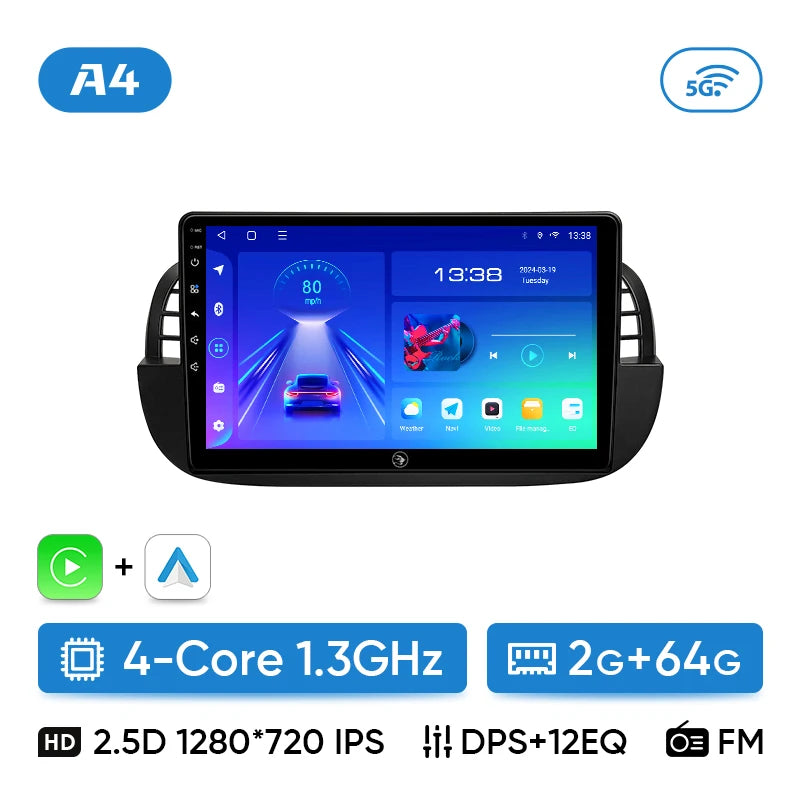 Ainavi 9" Android Car Stereo for Fiat 500 — CarPlay, Android Auto, GPS, Steering-Wheel Control