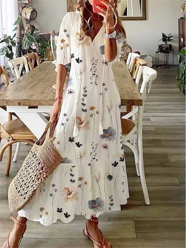 Women's Boho Maxi Dress – Casual V-Neck Drawstring Long-Sleeve Printed Bohemian Dress