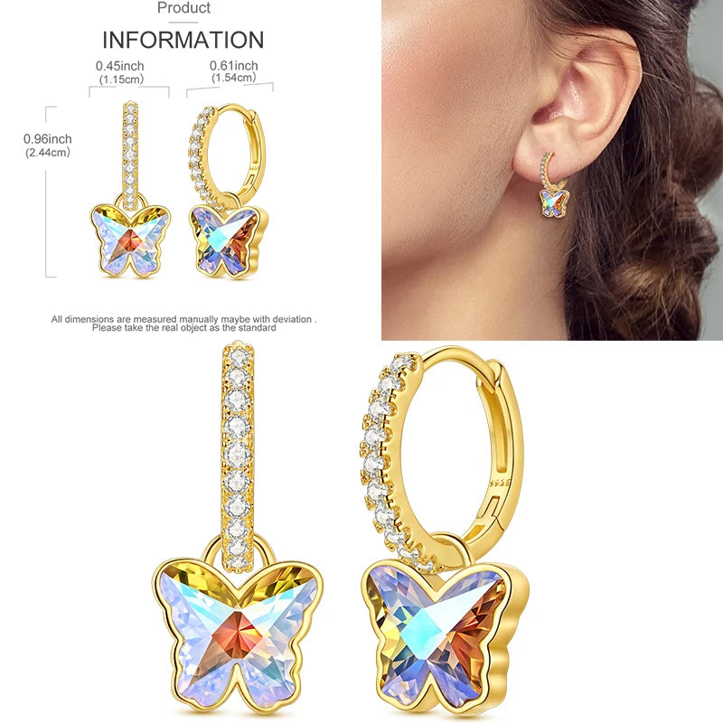 Sparkling Gold Woman Hoop Earrings 925 Sterling Silver Butterfly Colored Zirconium Earrings for Women Jewelry Anniversary Gift