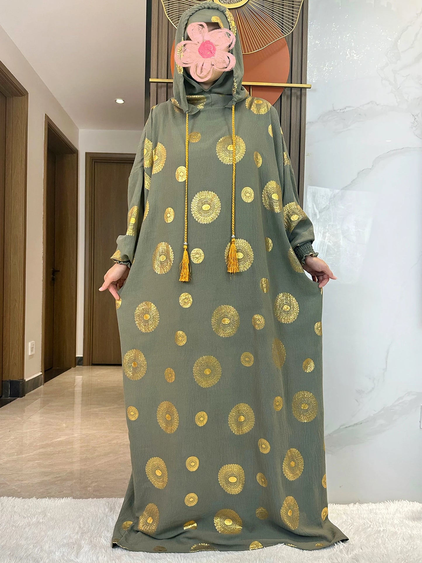 Women's Cotton Embroidered Abaya Kaftan – Gold Dust Shimmer, Loose Fit, All-Season Muslim Dress