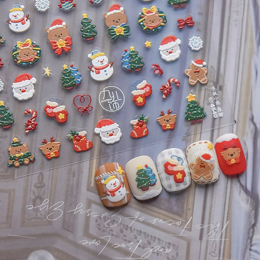 5D Embossed Mini Snowman Snow Nail Decorations Stickers Self Adhesive Nail Stickers Winter Christmas Nail Art Accessories Decals