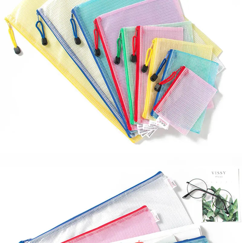 10PCS Stationery Storage Folder File Mesh Zipper Pouch Document Bag Office and Educational Supplies Storage Students Stationery