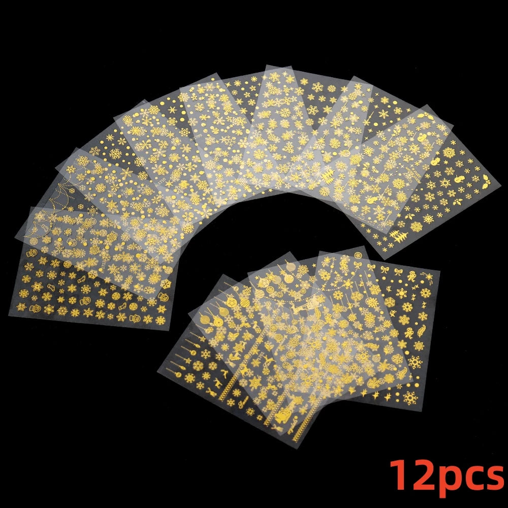 12pcs 3D Snowflake Nail Stickers Red Christmas Designs Nail Art Decals Geometric Lines New Year Winter Gel Foils Sliders Decors*