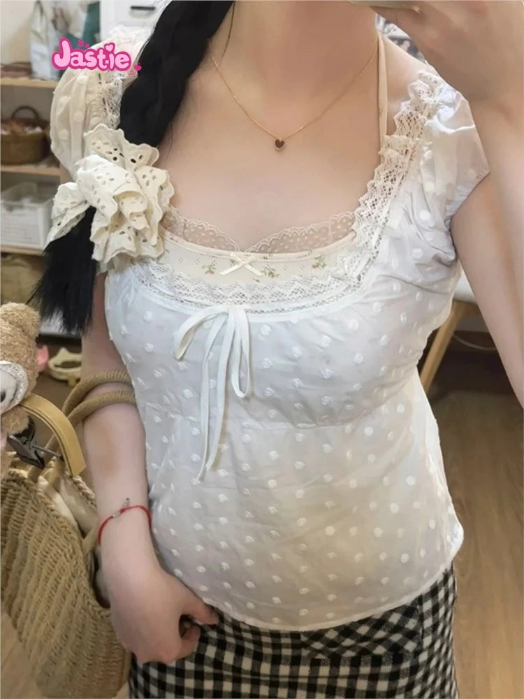 White Lace Tied Square Neck Summer T-shirts Chic Elegant Short Sleeve Tee Cotton Y2K Street Casual Bow Tie-up Top Women