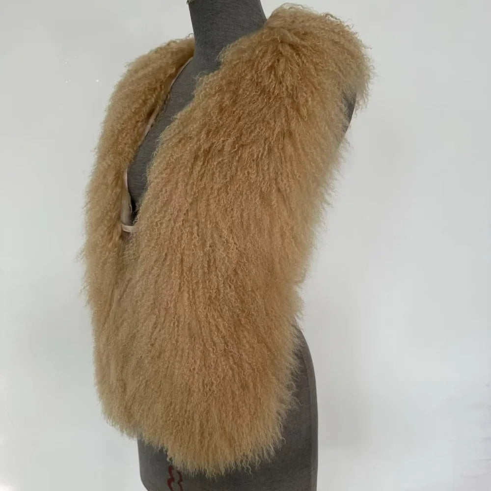 Fluffy Luxury  Real Mongolian Fur Halter Vests Women Solid Deep V-Neck Backless Bandage Sleeveless Jackets Top Outerwear Coat
