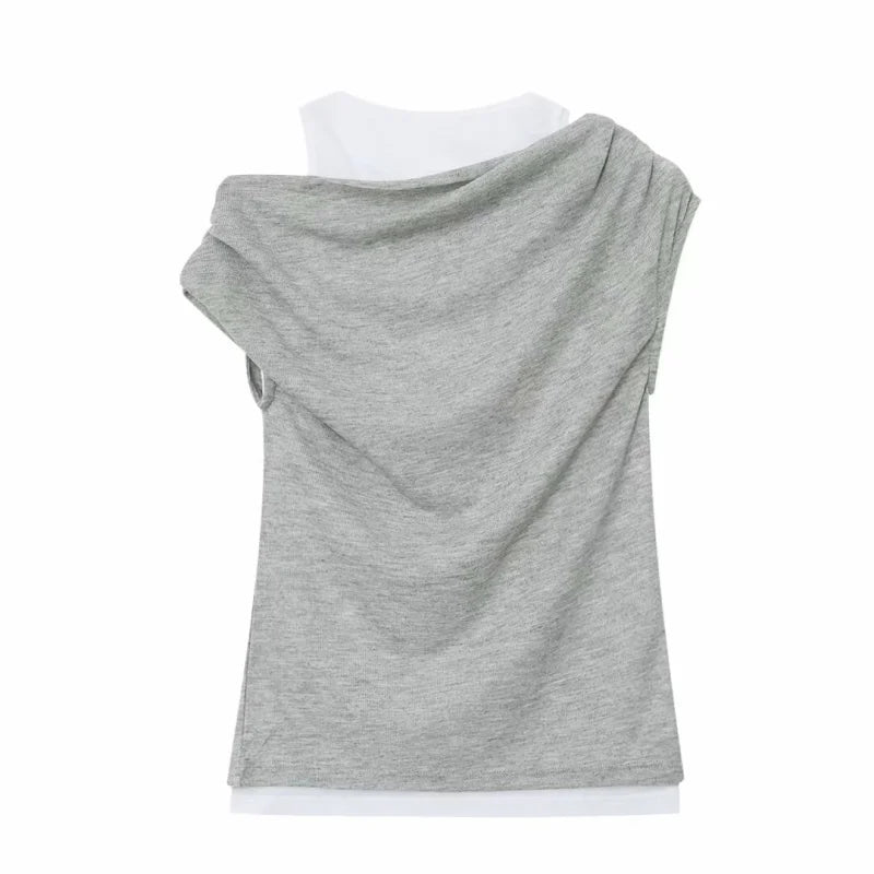ETJ 2026 new  women's fashion color-blocking and patchwork fake two-piece sexy off-the-shoulder short-sleeved T-shirt top