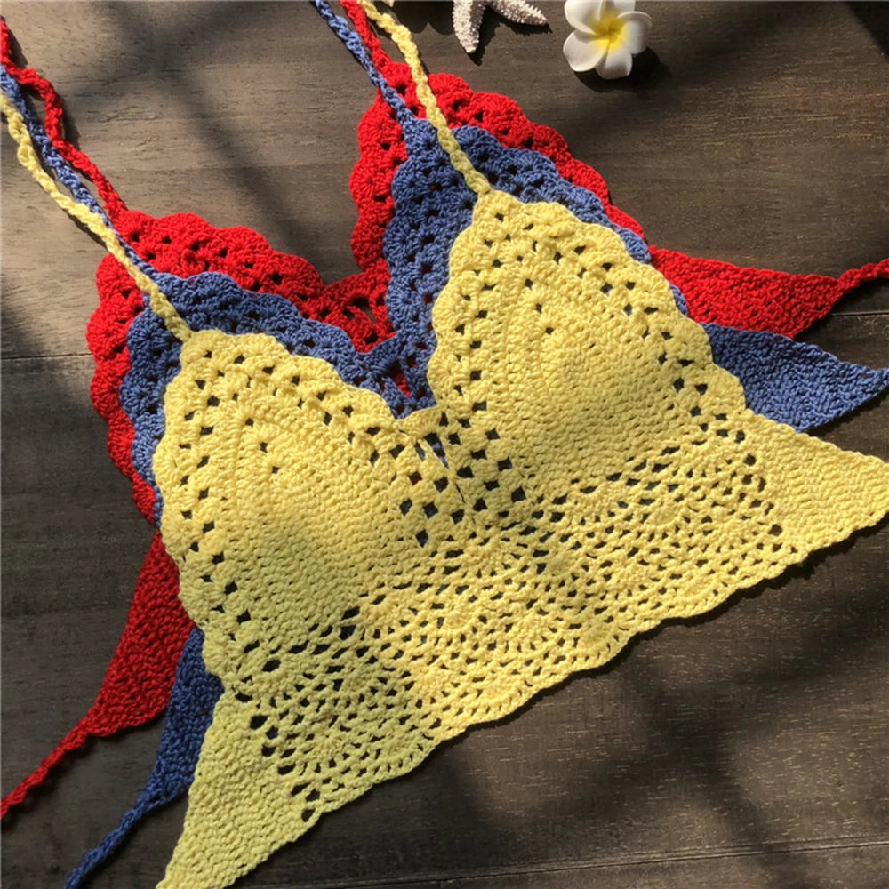 Sexy Beachwear Halter Neck Vest Crochet Crop Top Knit Bralette Bra Boho Beach Camisoles Bikini Tank Backless Tops