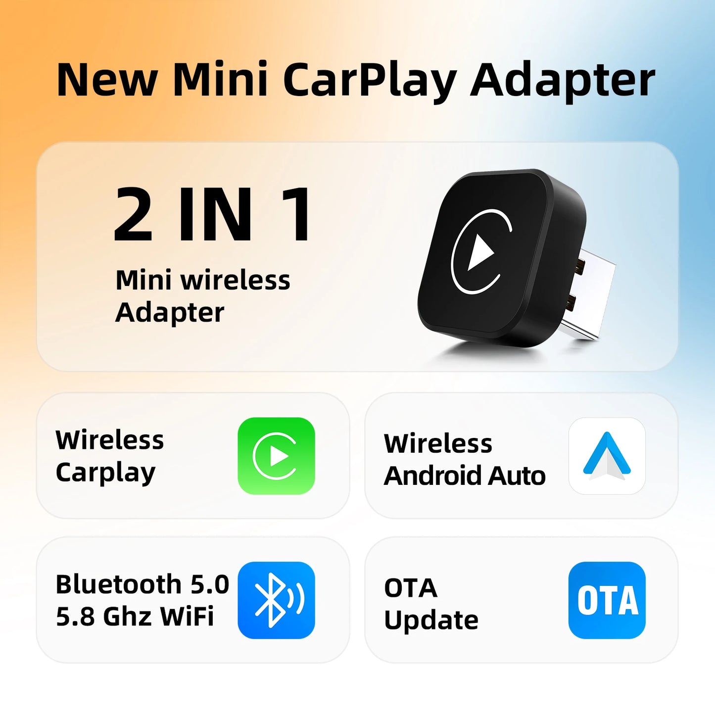 2in1 Smart Mini Box Wireless CarPlay Android Auto Adapter for Factory Wired Car, Wireless CarPlay Android Auto WiFi Fast Connect