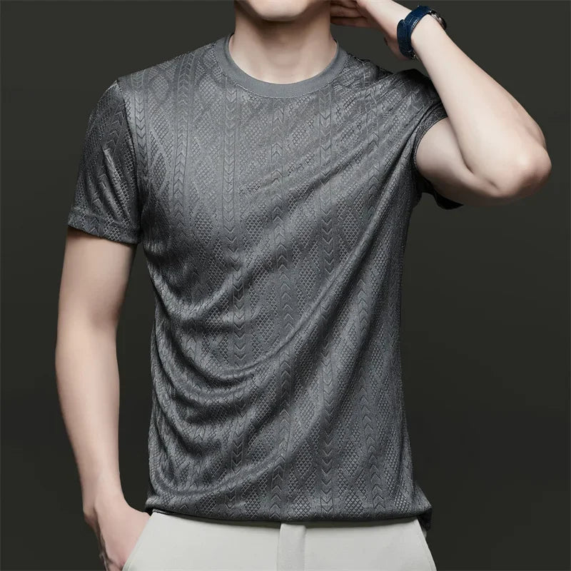 Men's Ice-Silk Jacquard Tee - Crew Neck, Cool-Touch Hollow Mesh