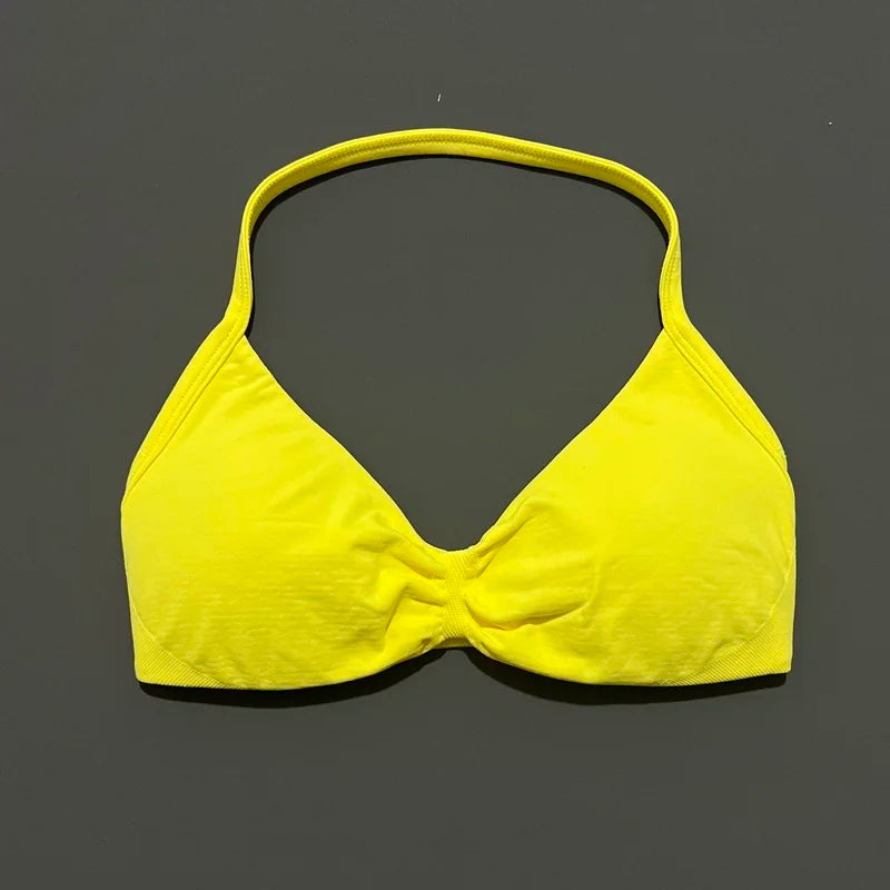 HISTELLO Df Solid Color Impact Strappy Bra Women Seamless Yoga Underwear Fitness Workout Halter Top Running Gym Sports Bra