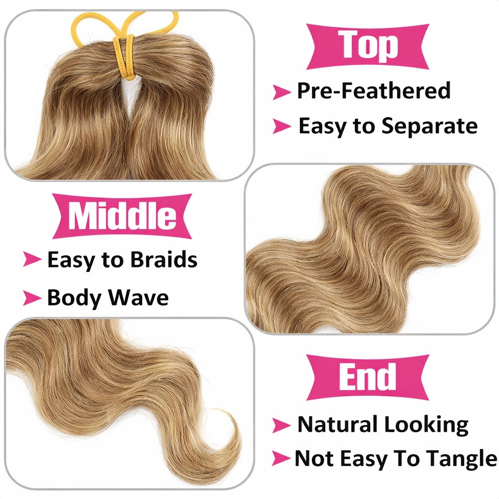 Reusable Knotless #27 Honey Blonde Highlight Crochet Bulk Human Hair For Boho Braids Body Wave Bundles Human Hair With Closure