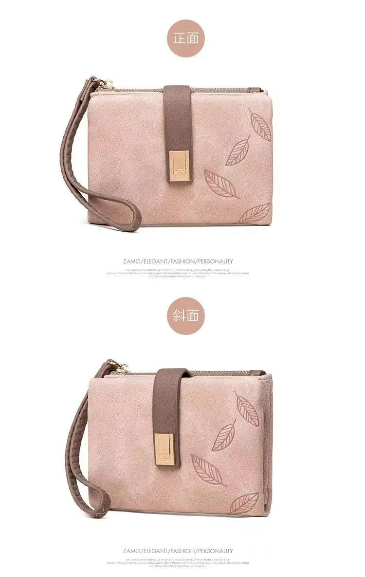 Spring/Summer 2026 new women's short wallet, high-quality PU hardware leaf buckle, solid color zipper, student coin coin purse,