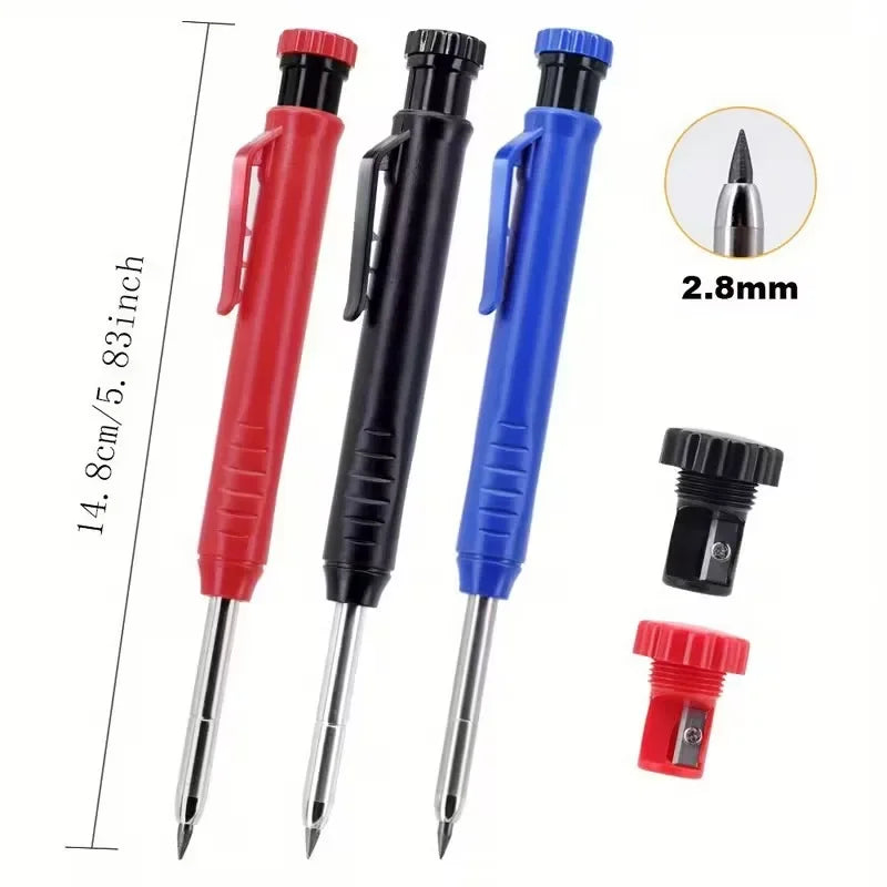 3Colors Refill 2.8mm Solid Carpenter Pencil Set Mechanical Pencil Cap Carpentry Marking Scriber Construction Woodworking Tools