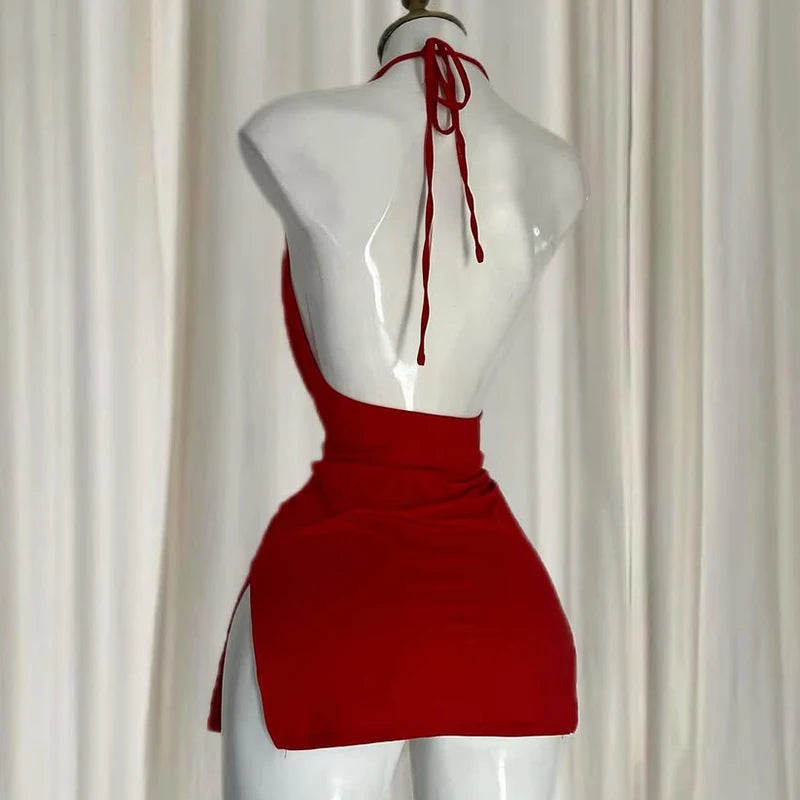 Women's Y2K Suspender Backless Evening Dress – V-Neck Slit Sexy Lingerie Nightdress | S–XL (Red, Black)