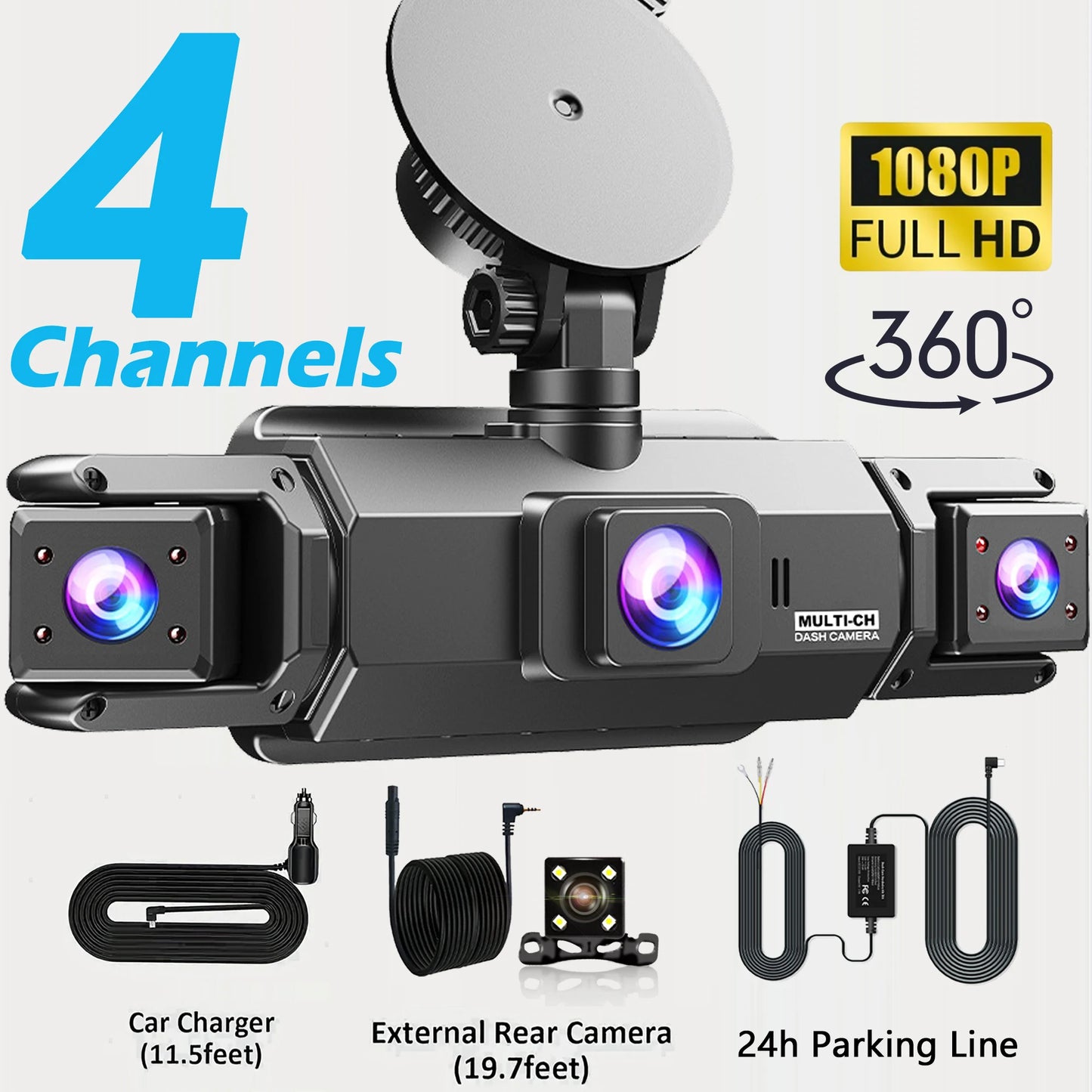 360° Car DVR Dash Cam 4 Lens Front Rear Left Right Inside IPS Screen Rotatable Lens Night Vision 24H Parking G-Sensor Black Box