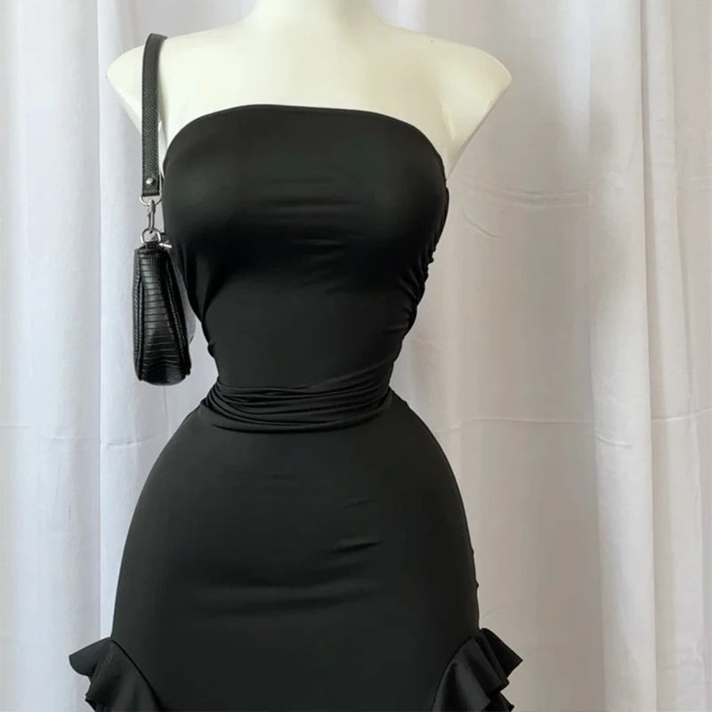 2026 Summer Maxi Women's Dress Vintage Elegant black Fashion Sleeveless Slim Backless Irregular Tassel Party Dresses Street Robe