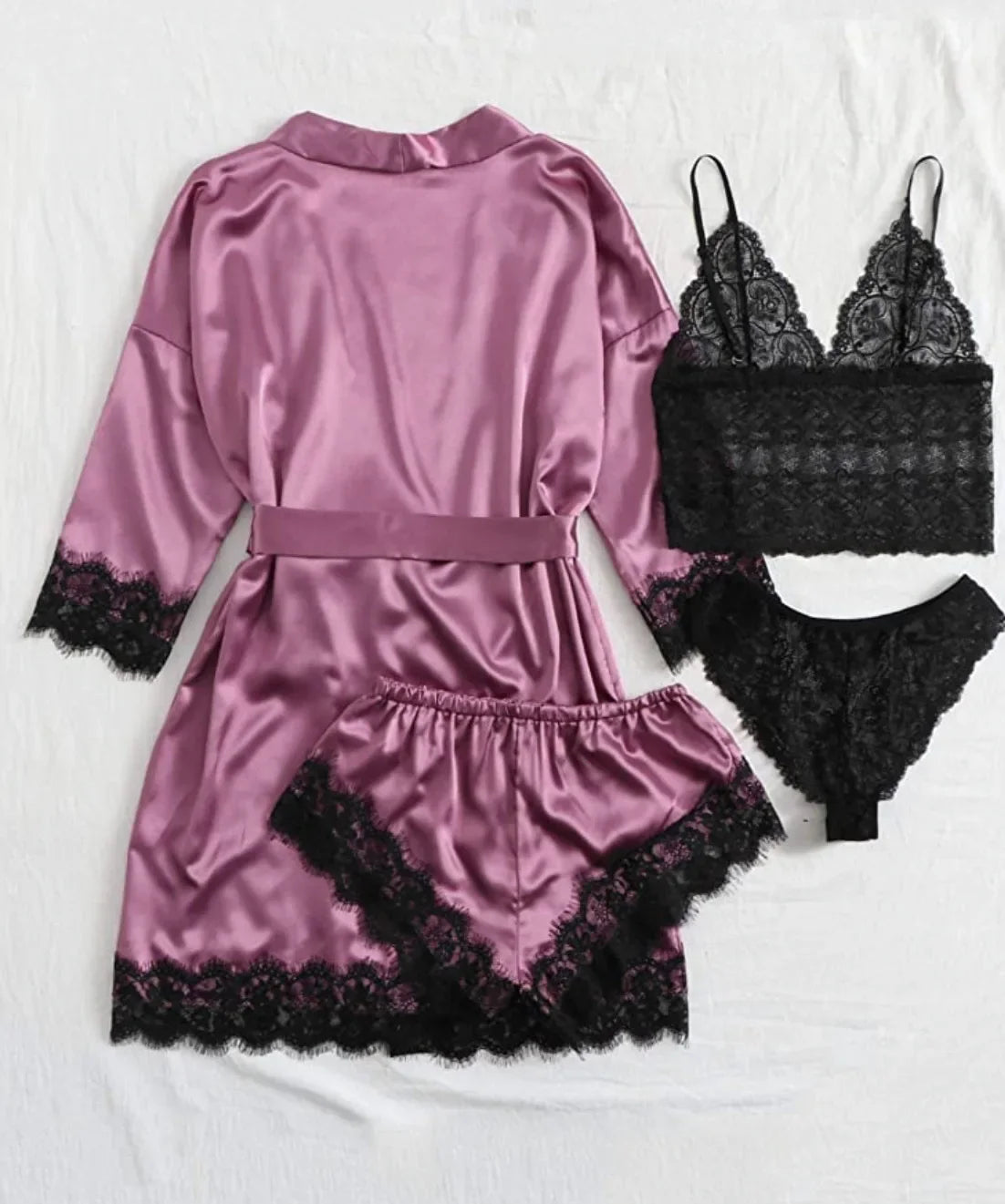 Women's 4-Piece Lace Camisole Pajama Set – Sexy Lingerie Nightgown, Shorts, Robe & Leisurewear | S–XXL (7 Colors)