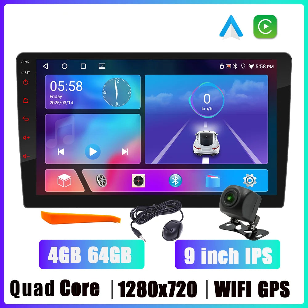 BQCC 9" 2-DIN Android Car Stereo — Octa-Core 6GB+128GB, CarPlay, GPS, 4G, WiFi, MirrorLink