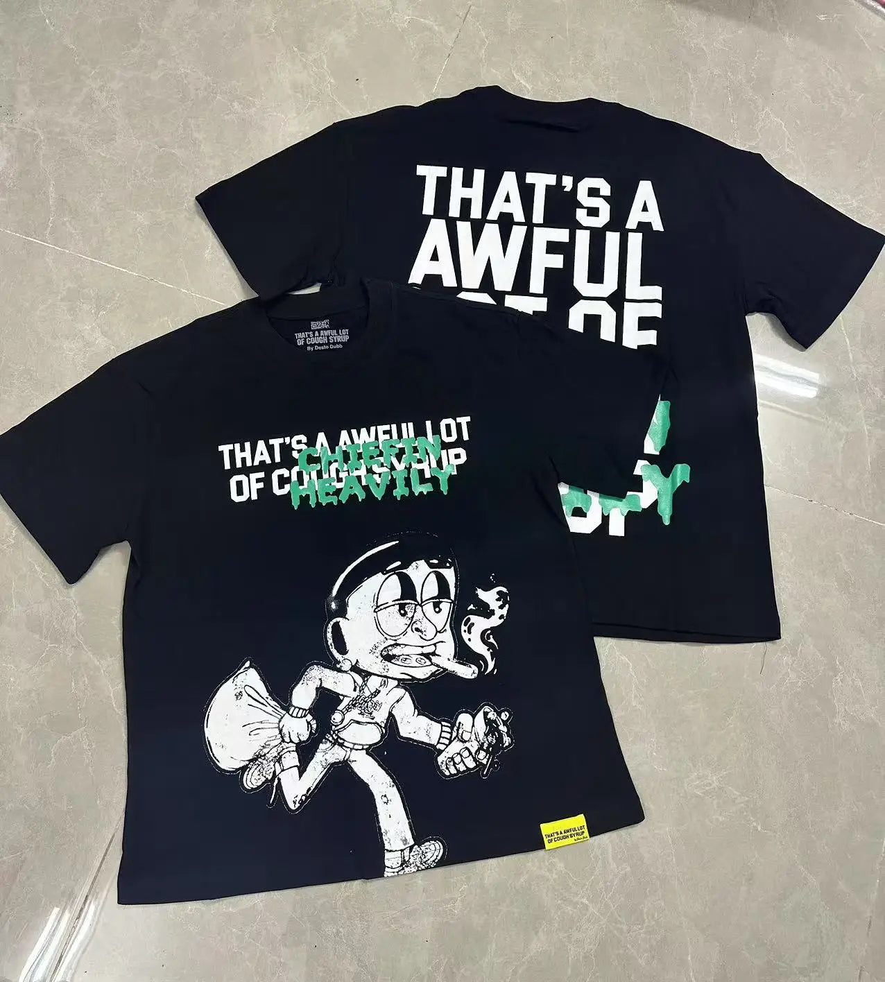 That's A Awful Lot of Cough Syrup Short Sleeve American Street Pop Hip-hop Cartoon Pattern Print Tops COUGH SYRUP T-shirt