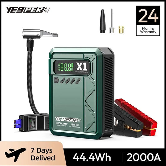 YESPER 2000A Jump Starter with 150PSI Air Compressor, Portable Car Battery Booster & Tire Inflator, Emergency LED Screen