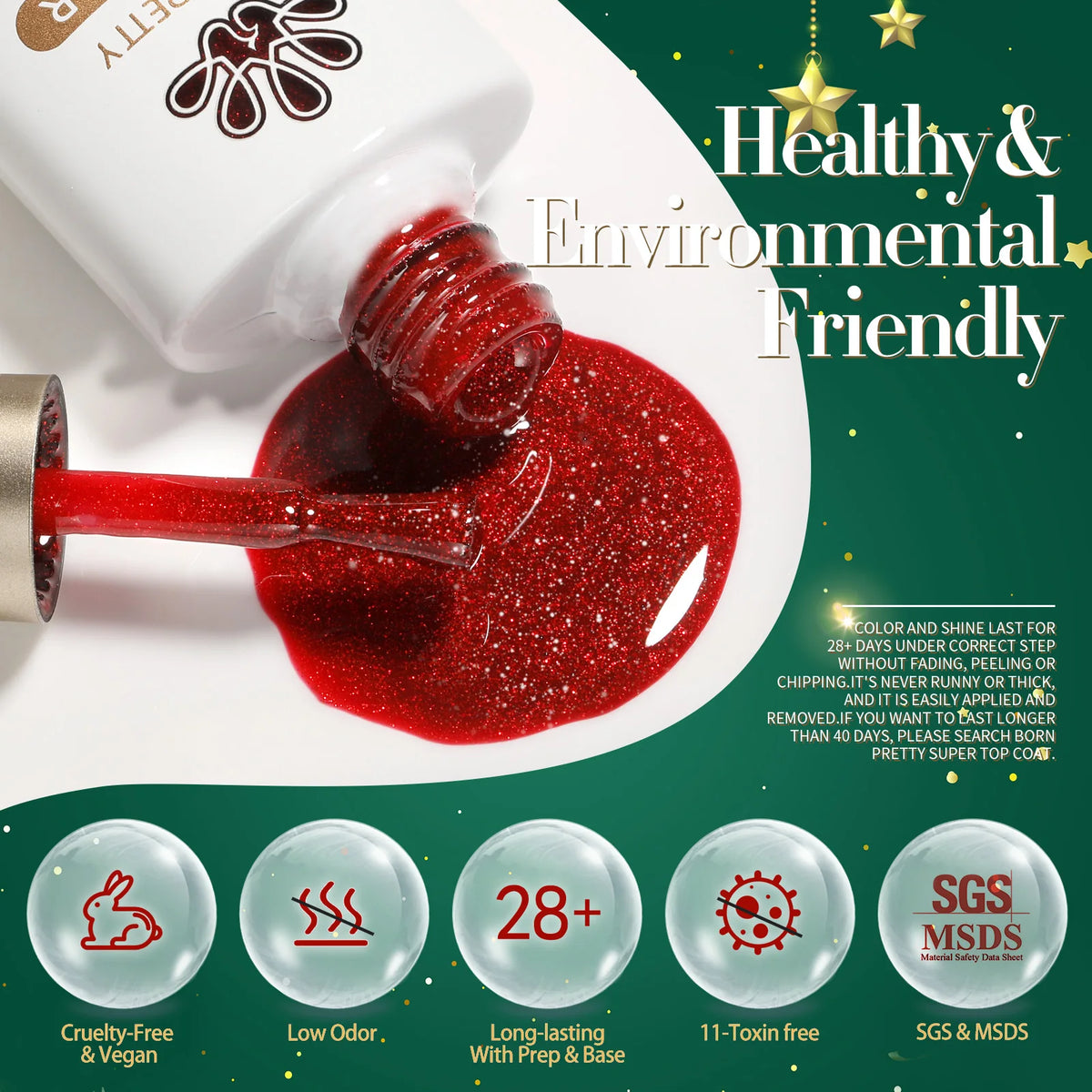 BORN PRETTY Christmas Green Glitter Gel Nail Polish 10ml Sparking Red Glitter White Gold Silver Santa Winter Snowflake Soak Off