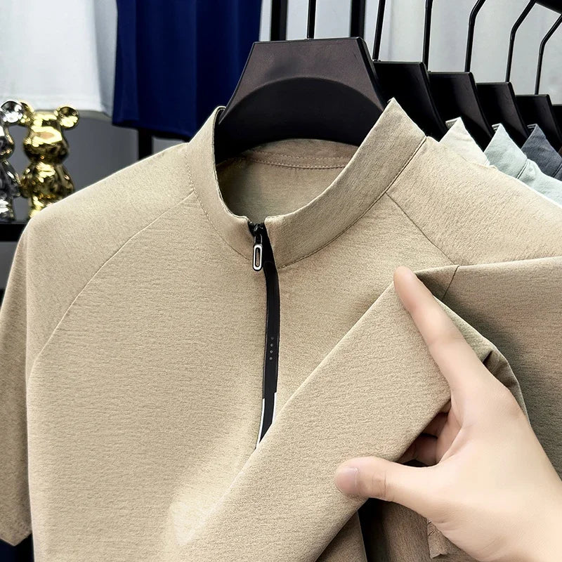 Men's Half-Zip Stand Neck Top - Smooth Woven, Slim Elastic Fit