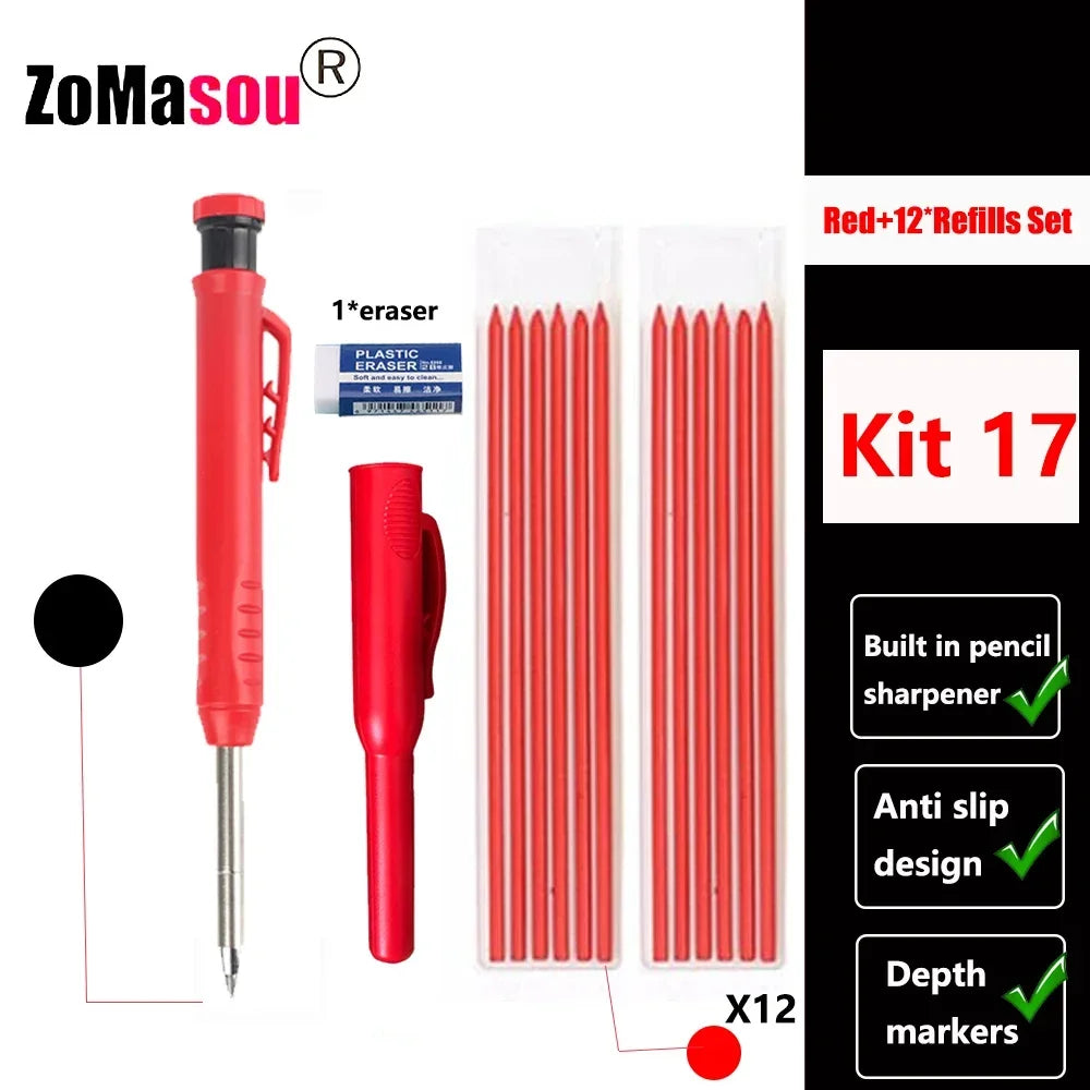 Reuseable Long Head Deep Hole Markers Pen Pencils Solid Carpenter Refill Leads Built-in Sharpener Woodwork Construction Tools