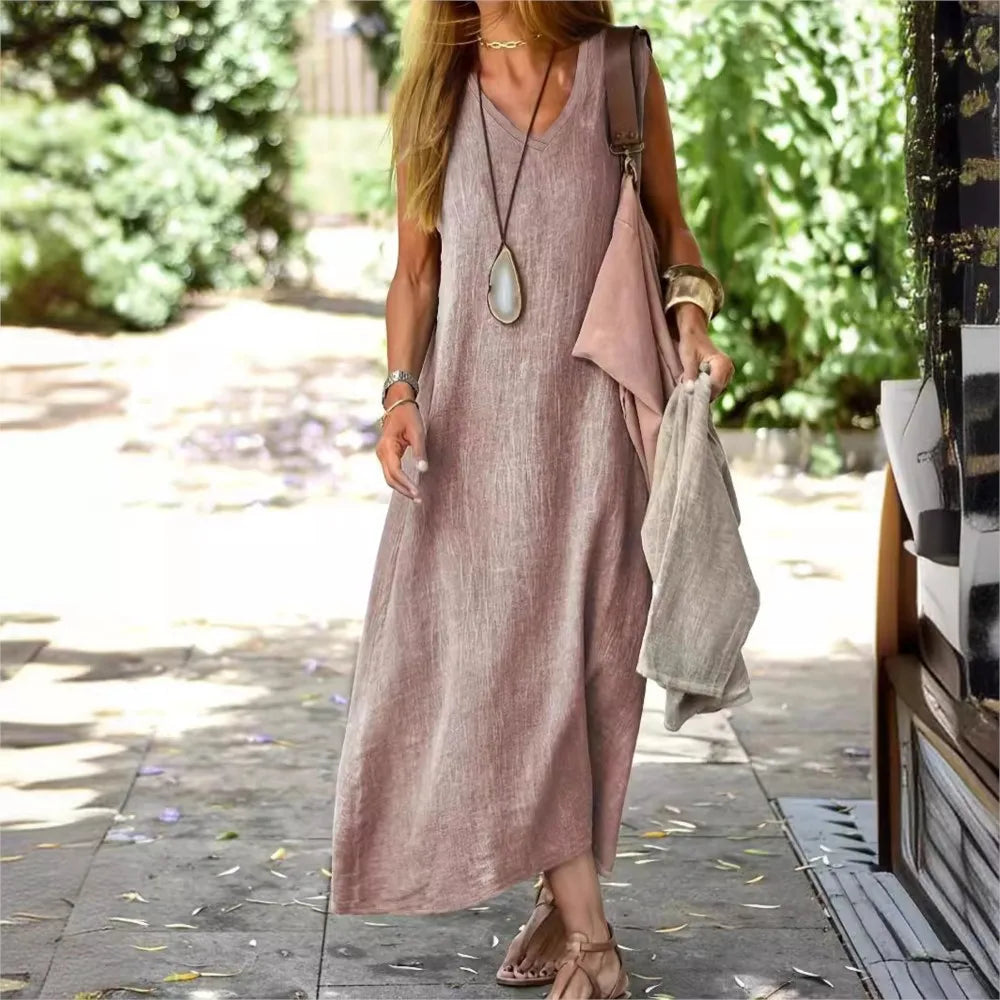 Summer Cotton Linen Dresses Women Casual V Neck Sleeveless Solid Color Loose Long Dress Female Daily Gown Holiday Robe Femme