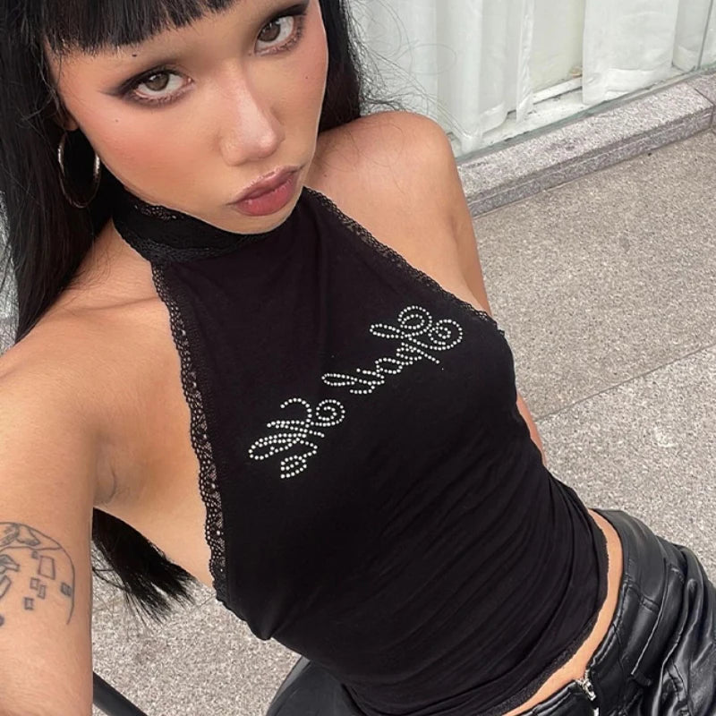 Dulzura Halter Sleeveless Crop Top Vest 2026 Summer Women Lace Patchwork Sexy Rhinestones Y2K Vintage Elegant Club