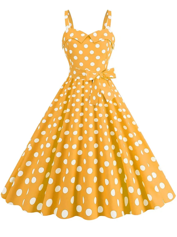 Women's Polka-Dot Puff-Sleeve Midi Sundress — Vintage Square-Collar Dress