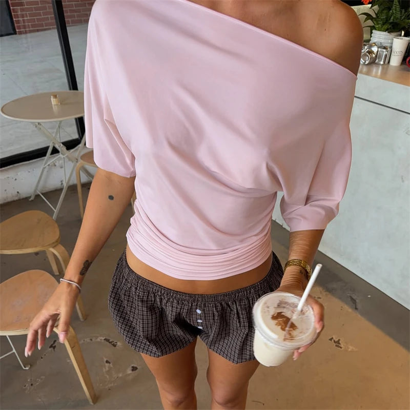 Women's One Shoulder Slim Crop Top – Short Sleeve Y2K Streetwear Tee