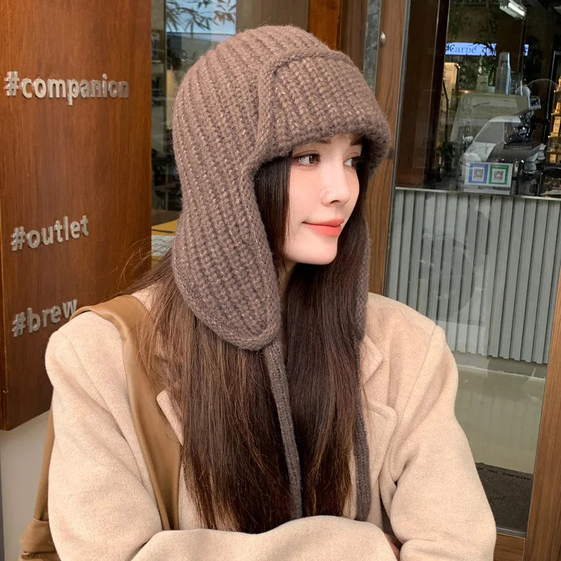 Winter Warm Knitted Hat Women  Earflap Beanie Super Soft Thickened Windproof Cold Weather Fashion Cap for Autumn Thick