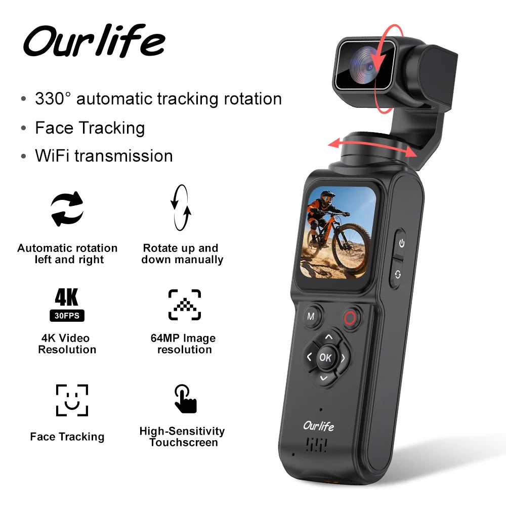 Ourlife 4K Gimbal Camera — 330° Face-Tracking Touchscreen, 64MP
